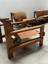 CARL STRAUB MODULAR SEATING GROUP ARMCHAIR COFFEE TABLE IM SOLID PINE WOOD, COGNAC LEATHER, GERMANY 1960s