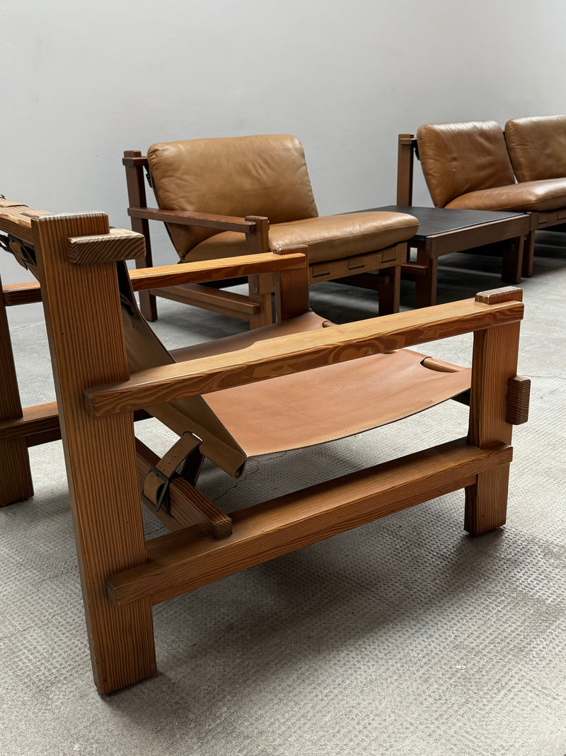 CARL STRAUB MODULAR SEATING GROUP ARMCHAIR COFFEE TABLE IM SOLID PINE WOOD, COGNAC LEATHER, GERMANY 1960s