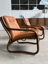 IKEA „BADEN“ BAMBOO COGNAC LEATHER SEATING GROUP 2 ARMCHAIRS, SOFA & COFFEE TABLE, SWEDEN 1970s