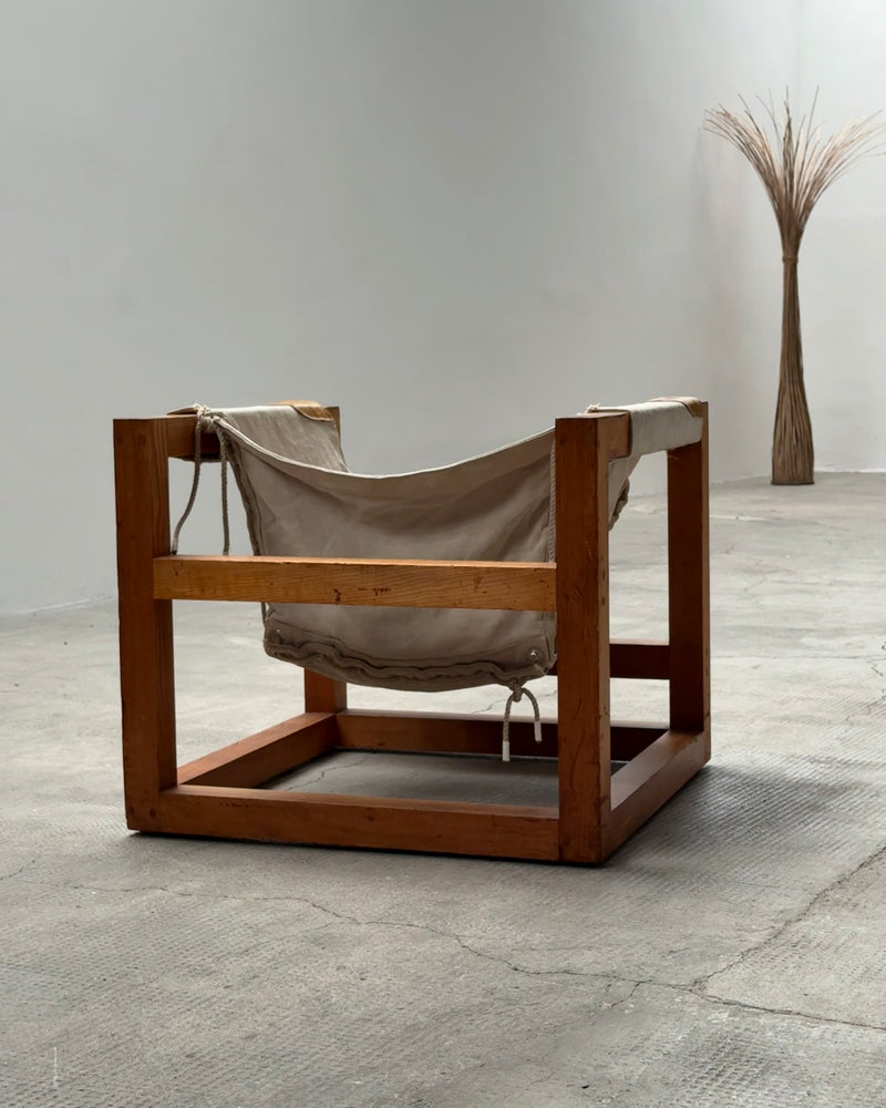 HEINZ WITTHOEFT „TAIL 4“ SCULPTURAL LOUNGE CHAIR, PINE WOOD CANVAS LEATHER, GERMANY 1950s