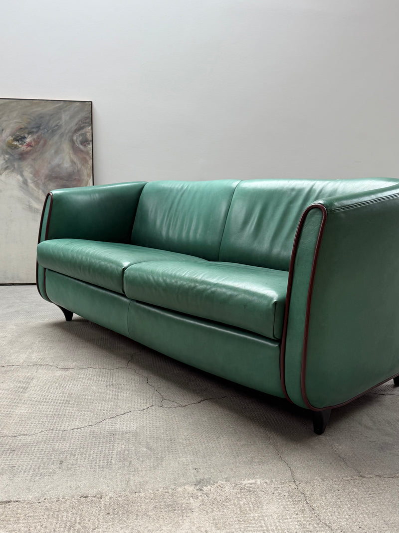 DE SEDE GREEN LEATHER ART DECO ROCKABILLY SOFA, SWITZERLAND 1970s