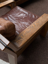 ROLF BENZ ARMCHAIR & SOFA SET OAK BROWN SADDLE LEATHER, GERMANY 1970s