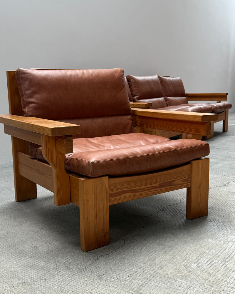 MODULAR ARMCHAIR SOFA SET SOLID PINE COGNAC LEATHER, SCANDINAVIA 1970s