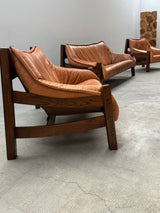 BRAZILIAN DESIGN ARMCHAIR & SOFA  OAK WOOD CAMEL LEATHER, 1970s