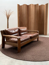 ROLF BENZ ARMCHAIR & SOFA SET OAK BROWN SADDLE LEATHER, GERMANY 1970s