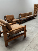 CARL STRAUB MODULAR SEATING GROUP ARMCHAIR COFFEE TABLE IM SOLID PINE WOOD, COGNAC LEATHER, GERMANY 1960s