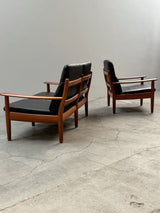 WILHELM KNOLL TEAK WOOD LEATHER BLACK ARMCHAIRS & 2-SEATER SOFA, GERMANY 1960s