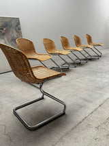 SET OF 6 GASTONE RINALDI RATTAN CANE CANTILEVER DINING CHAIRS WITH CHROMED TUBULAR STEEL FRAME, ITALY 1960s