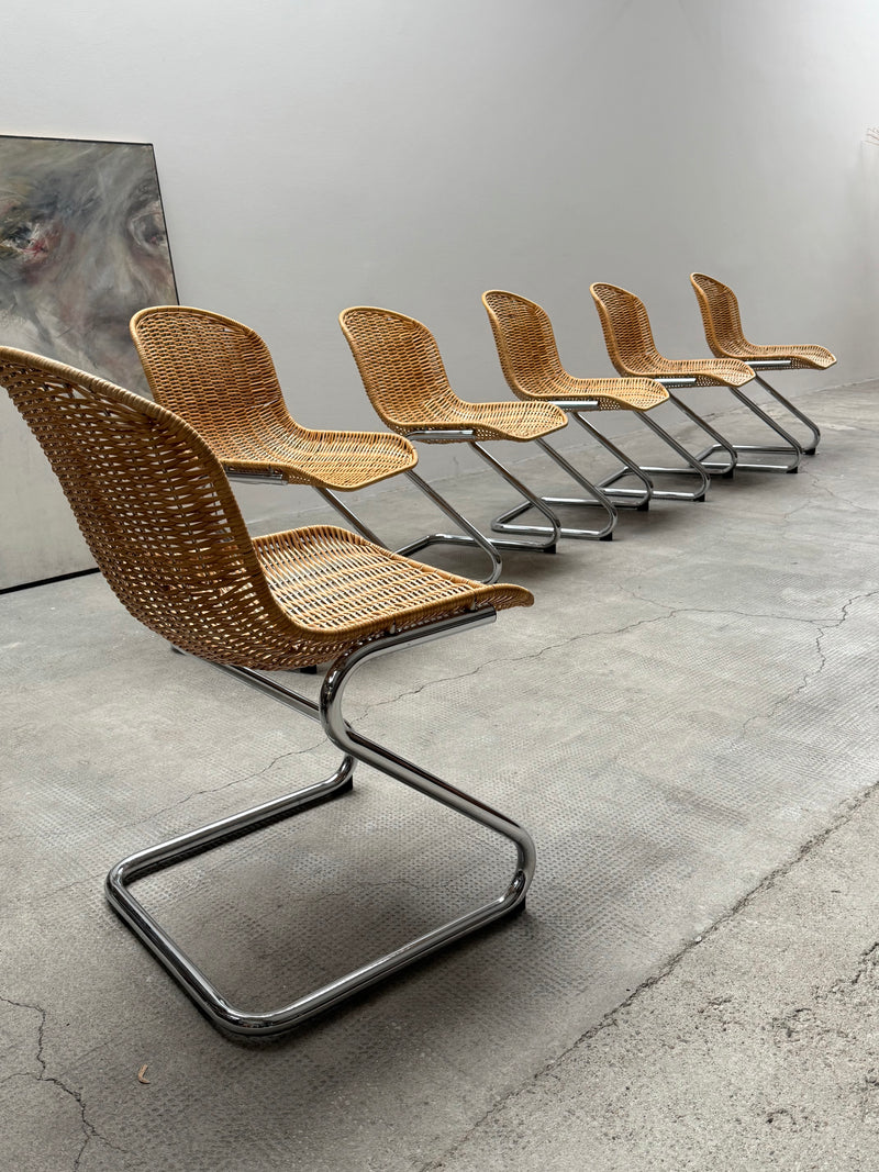 SET OF 6 GASTONE RINALDI RATTAN CANE CANTILEVER DINING CHAIRS WITH CHROMED TUBULAR STEEL FRAME, ITALY 1960s