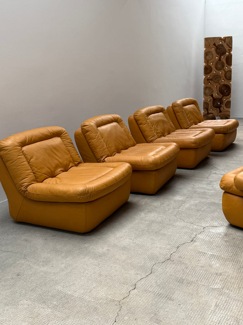 DREIPUNKT MODULAR SECTIONAL SOFA ARMCHAIRS LEATHER YELLOW, GERMANY 1970s