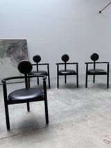 4 VICO MAGISTRETTI „PAN“ CHAIRS FOR ROSENTHAL ASH WOOD & BLACK LEATHER, 1980s