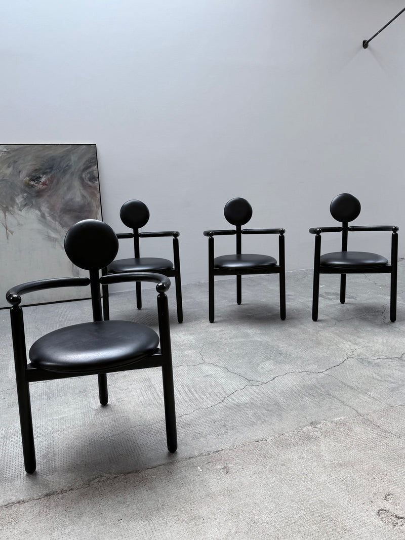 4 VICO MAGISTRETTI „PAN“ CHAIRS FOR ROSENTHAL ASH WOOD & BLACK LEATHER, 1980s