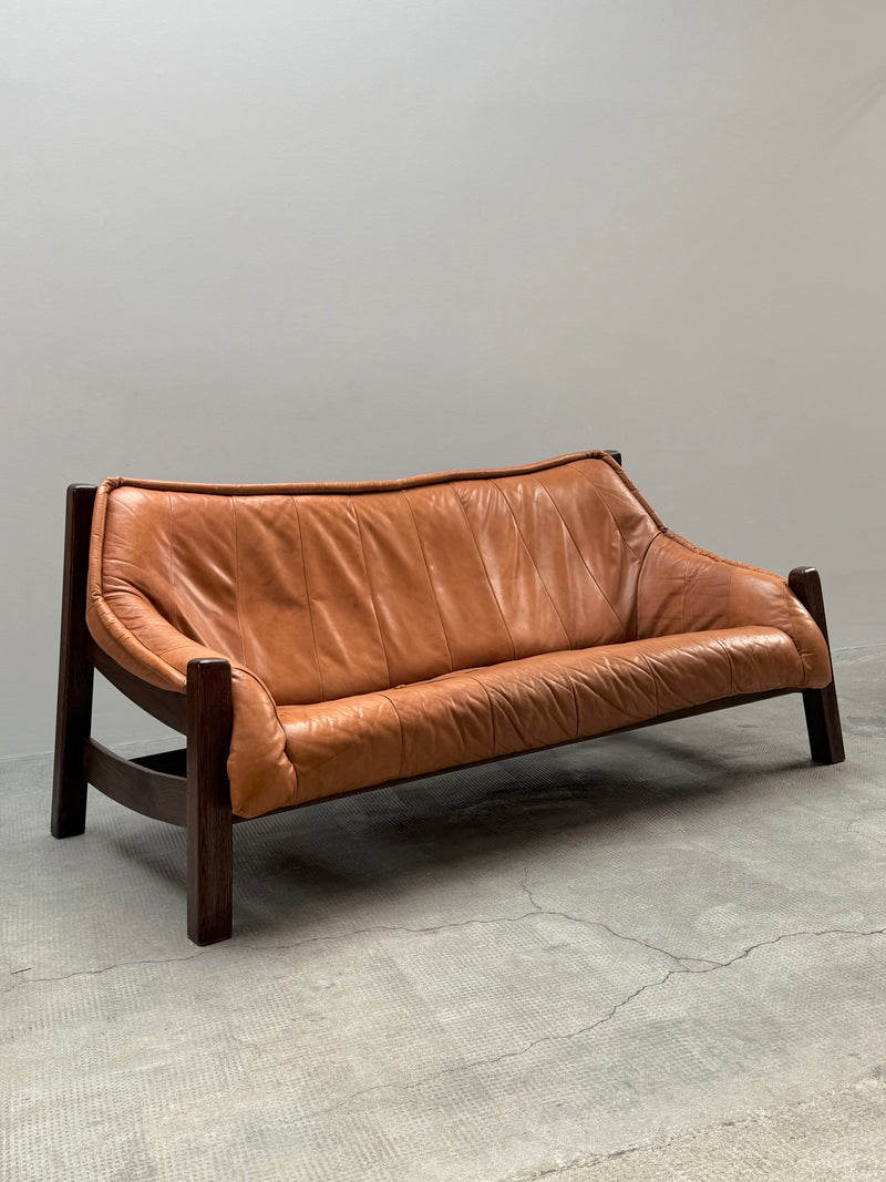 BRAZILIAN DESIGN ARMCHAIR & SOFA  OAK WOOD CAMEL LEATHER, 1970s