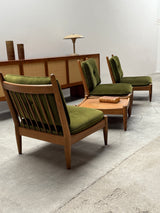 WILHELM KNOLL MODULAR ARMCHAIR COFFEE TABLE SET OAK GREEN VELVET CORDUROY, GERMANY 1960S
