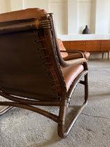 IKEA „BADEN“ BAMBOO COGNAC LEATHER SEATING GROUP 2 ARMCHAIRS, SOFA & COFFEE TABLE, SWEDEN 1970s