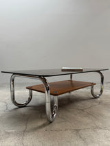 XL MIDCENTURY COFFEE TABLE CHROMED TUBULAR STEEL BROWN GLASS, 1960s