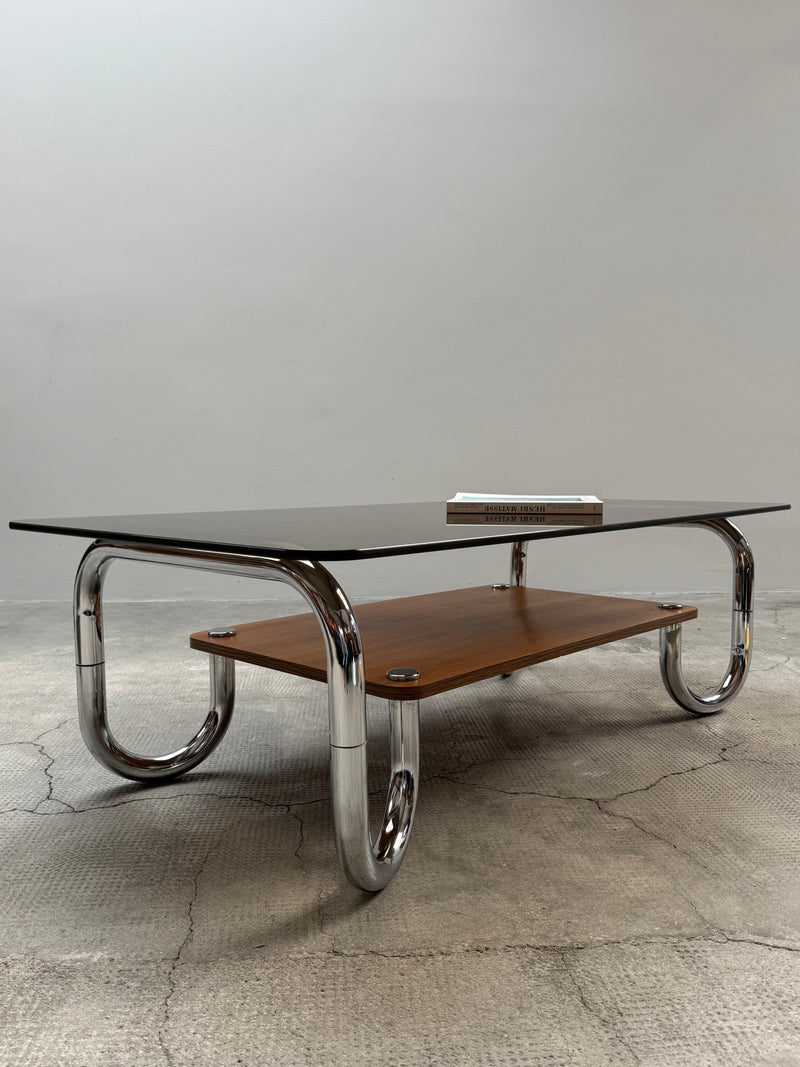 XL MIDCENTURY COFFEE TABLE CHROMED TUBULAR STEEL BROWN GLASS, 1960s