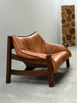 BRAZILIAN DESIGN ARMCHAIR & SOFA  OAK WOOD CAMEL LEATHER, 1970s