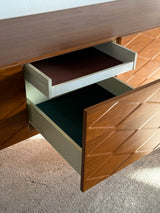 LARGE 3D ‚DIAMONDS‘ SIDEBOARD TEAK WOOD ANTHROPOSOPHIC LEGS 280cm, GERMANY 1960s