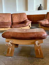 MAISON REGAIN ARMCHAIR, 2-SEATER & OTTOMAN SET LEATHER OAK WOOD, FRANCE 1960s