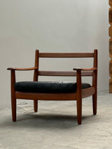 WILHELM KNOLL TEAK WOOD LEATHER BLACK ARMCHAIRS & 2-SEATER SOFA, GERMANY 1960s
