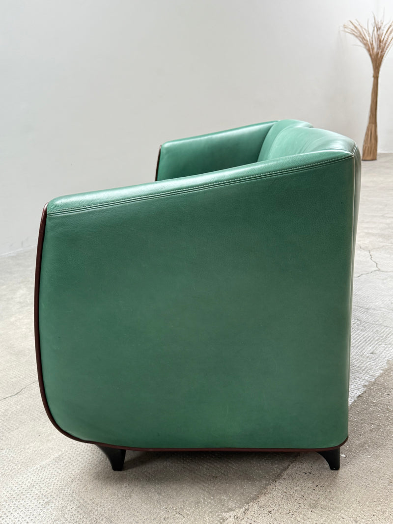 DE SEDE GREEN LEATHER ART DECO ROCKABILLY SOFA, SWITZERLAND 1970s