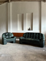 KNOLL SITZMÖBEL BRUTALIST ARMCHAIR & SOFA SET IN THICK GREEN LEATHER, GERMANY 1970s