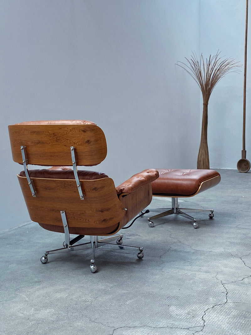 Martin Stoll für Giroflex „Lounge Chair“ mit Ottoman Cognac Leder Chrom Schweiz 1960er Jahre