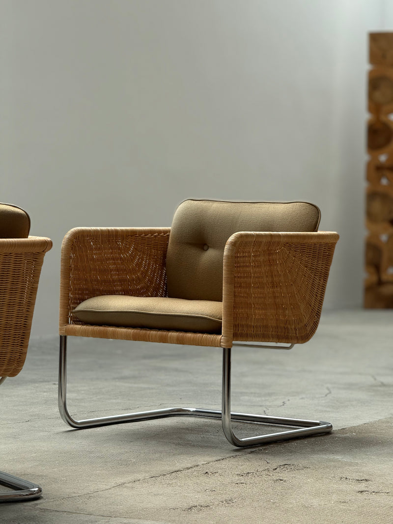WILLIAM DUNKEL FOR TECTA „D44“ KRAGSTUHL CANTILEVER ARMCHAIRS RATTAN CHROME, GERMANY 1960s