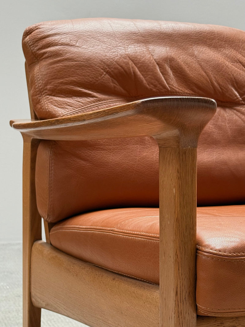 WILHELM KNOLL OAK WOOD COGNAC LEATHER ARMCHAIRS, GERMANY 1970s
