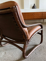 IKEA „BADEN“ BAMBOO COGNAC LEATHER SEATING GROUP 2 ARMCHAIRS, SOFA & COFFEE TABLE, SWEDEN 1970s