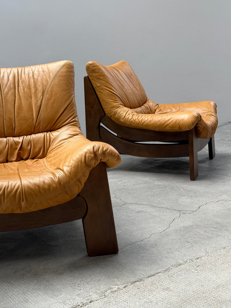 MAISON REGAIN LEATHER OAK ARMCHAIRS & SOFA, FRANCE 1970s