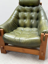 SET OF 2 GRAFTON EVEREST ARMCHAIRS OAK & GREEN LEATHER, SOUTH AFRICA 1970s