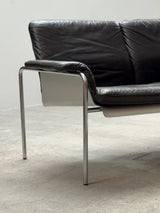 RARE TUBULAR STEEL, ALUMINIUM & BROWN LEATHER 2-SEATER SOFA, GERMANY 1960s