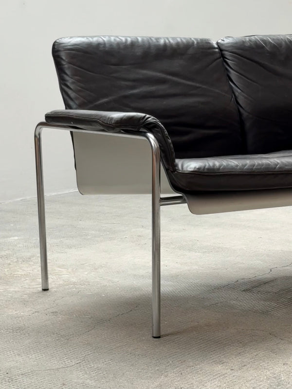 RARE TUBULAR STEEL, ALUMINIUM & BROWN LEATHER 2-SEATER SOFA, GERMANY 1960s