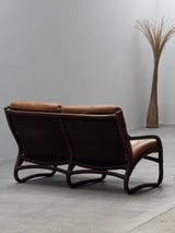 IKEA „BADEN“ BAMBOO LEATHER SEATING ENSEMBLE 2 ARMCHAIRS & SOFA, SWEDEN 1970s