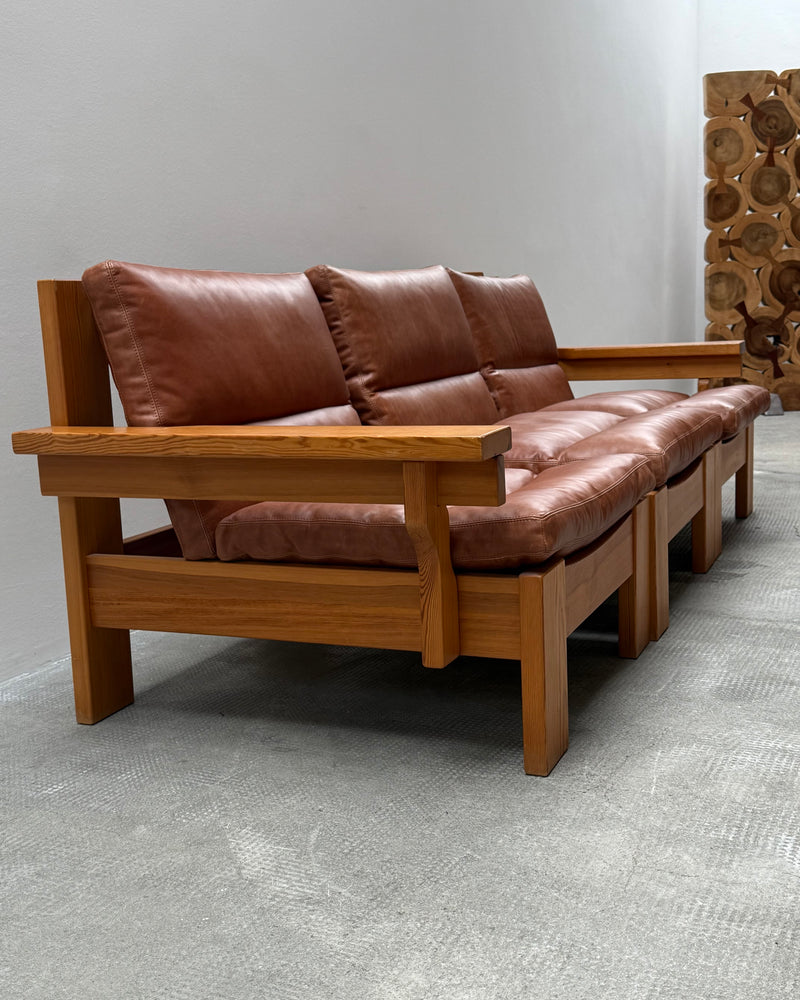 MODULAR ARMCHAIR SOFA SET SOLID PINE COGNAC LEATHER, SCANDINAVIA 1970s