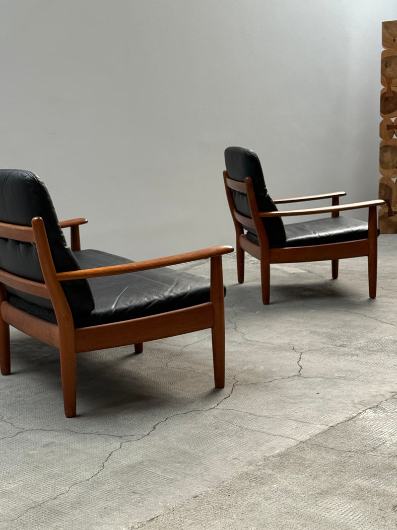 WILHELM KNOLL TEAK WOOD LEATHER BLACK ARMCHAIRS & 2-SEATER SOFA, GERMANY 1960s