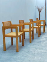 DERK JAN DE VRIES FOR MAISA DE SEVESO DINING TABLE & 4 CHAIRS SET ASH WOOD RATTAN, ITALY 1970S