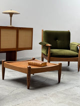 WILHELM KNOLL MODULAR ARMCHAIR COFFEE TABLE SET OAK GREEN VELVET CORDUROY, GERMANY 1960S