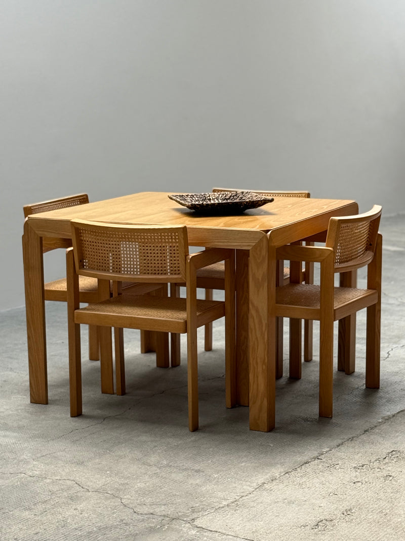 DERK JAN DE VRIES FOR MAISA DE SEVESO DINING TABLE & 4 CHAIRS SET ASH WOOD RATTAN, ITALY 1970S