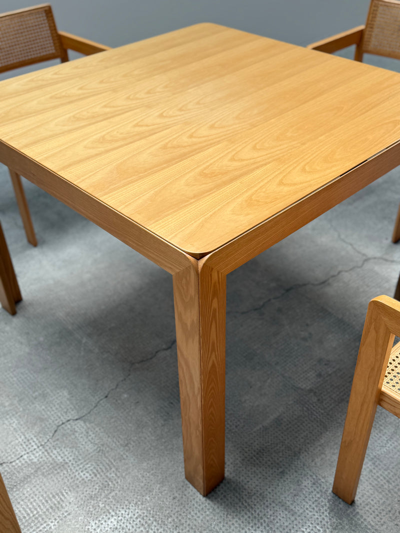 DERK JAN DE VRIES FOR MAISA DE SEVESO DINING TABLE & 4 CHAIRS SET ASH WOOD RATTAN, ITALY 1970S