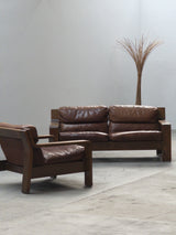 ROLF BENZ ‚RB5200’ ARMCHAIR & SOFA SET OAK WOOD BROWN LEATHER, GERMANY 1970s