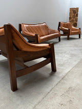 BRAZILIAN DESIGN ARMCHAIR & SOFA  OAK WOOD CAMEL LEATHER, 1970s