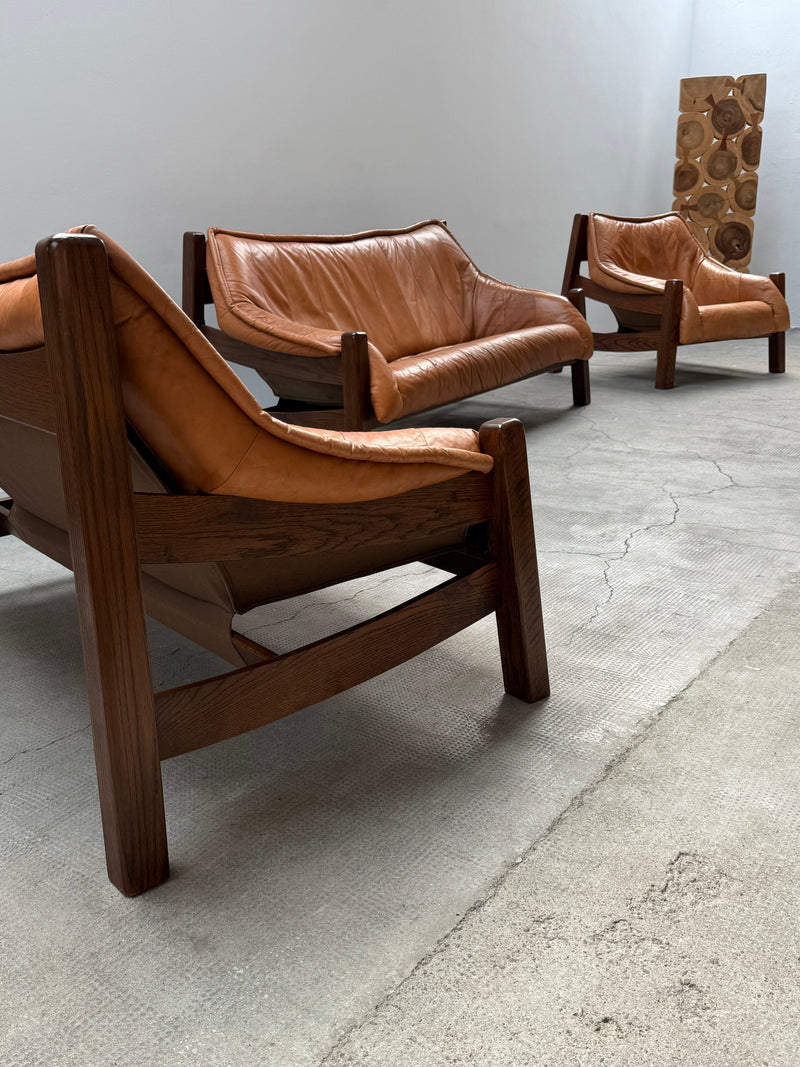 BRAZILIAN DESIGN ARMCHAIR & SOFA  OAK WOOD CAMEL LEATHER, 1970s