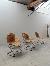 SET OF 6 GASTONE RINALDI RATTAN CANE CANTILEVER DINING CHAIRS WITH CHROMED TUBULAR STEEL FRAME, ITALY 1960s