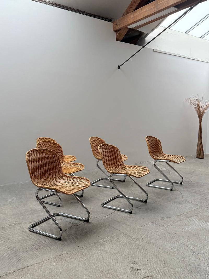 SET OF 6 GASTONE RINALDI RATTAN CANE CANTILEVER DINING CHAIRS WITH CHROMED TUBULAR STEEL FRAME, ITALY 1960s