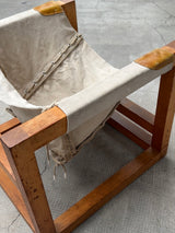 HEINZ WITTHOEFT „TAIL 4“ SCULPTURAL LOUNGE CHAIR, PINE WOOD CANVAS LEATHER, GERMANY 1950s