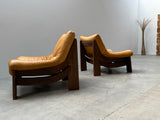 MAISON REGAIN LEATHER OAK ARMCHAIRS & SOFA, FRANCE 1970s
