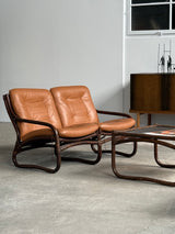 IKEA „BADEN“ BAMBOO COGNAC LEATHER SEATING GROUP 2 ARMCHAIRS, SOFA & COFFEE TABLE, SWEDEN 1970s